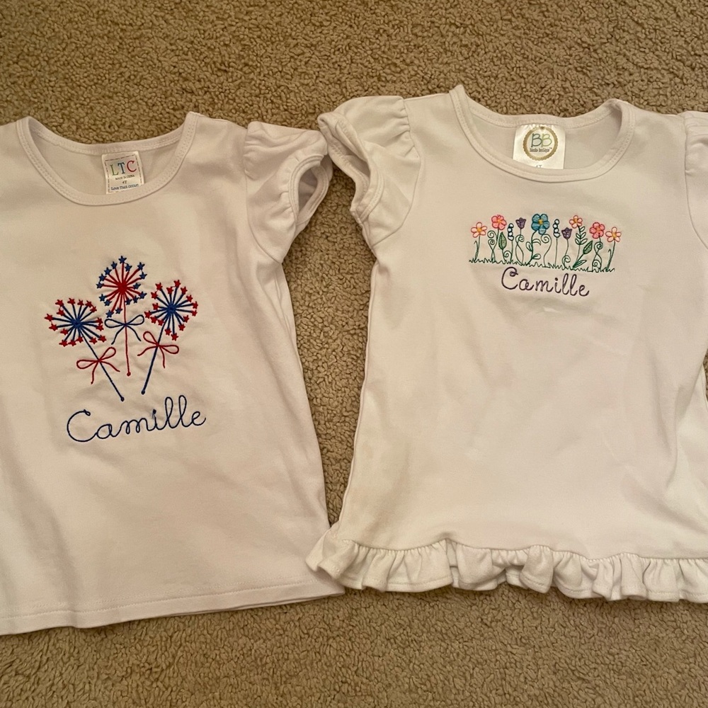 “Camille” monogrammed spring and 4th of July tshirts both size 4t